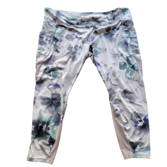 Athleta Chaturanga Mudra Mesh Capri Leggings Women’s 2X Blue Gray Floral Crop - Picture 1 of 7